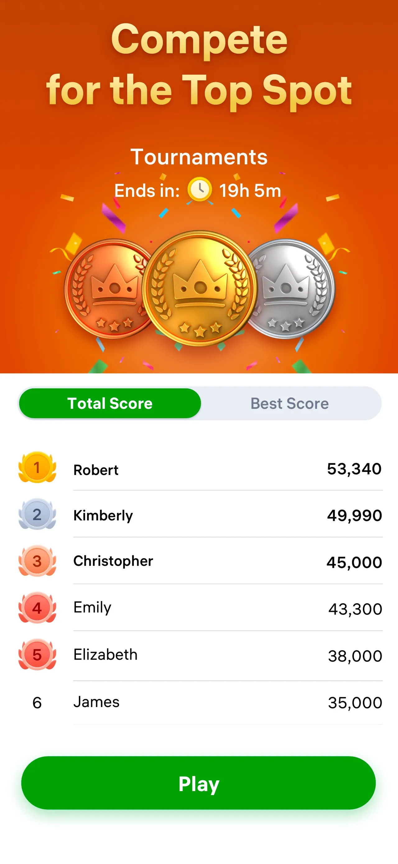 Easybrain Solitaire's tournament screen: a leaderboard of six players by total score with a countdown to the end