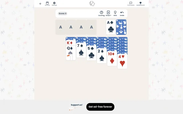Ponder Club Solitaire, the 18 October 2026 deal in play: the queen of spades moved onto the king of diamonds and the ace of clubs turned from the goose-backed stock