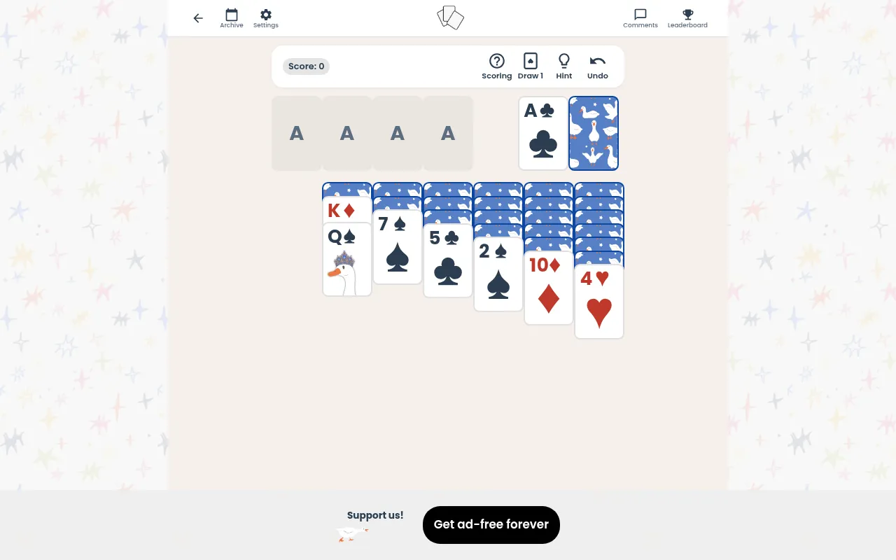 Ponder Club Solitaire, the 18 October 2026 deal in play: the queen of spades moved onto the king of diamonds and the ace of clubs turned from the goose-backed stock