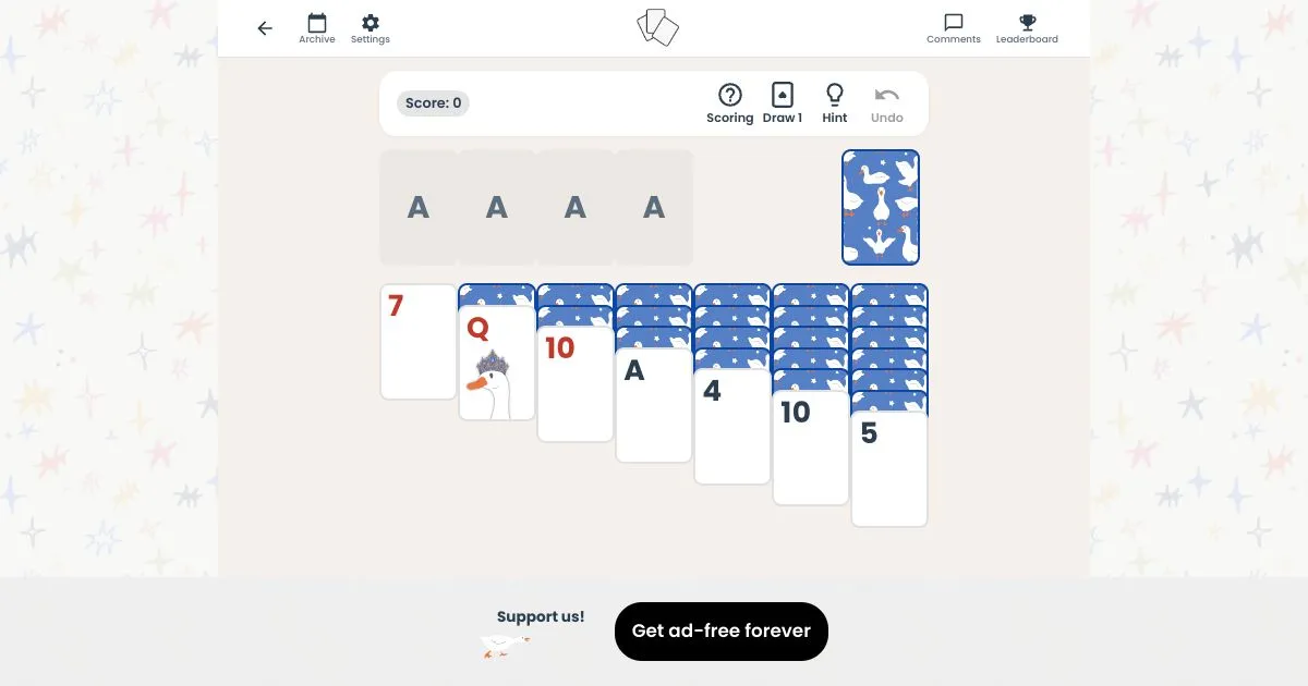 Ponder Club Solitaire daily Klondike deal: four empty ace foundations, the stock with goose-pattern card backs and seven tableau columns