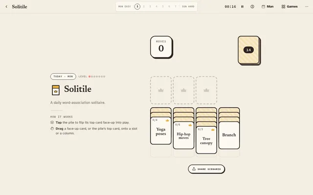 Solitile's Monday deal: three empty crowned slots above four columns topped by the category cards Yoga poses, Hip-hop moves and Tree canopy and the word card Branch, with a draw pile of 14 and a moves