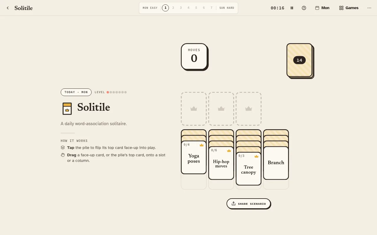 Solitile's Monday deal: three empty crowned slots above four columns topped by the category cards Yoga poses, Hip-hop moves and Tree canopy and the word card Branch, with a draw pile of 14 and a moves