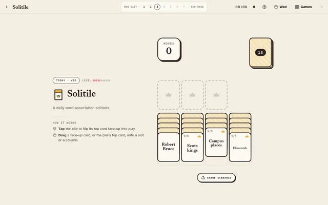 Solitile's Wednesday deal at the start: three empty crowned slots over four columns showing Robert Bruce and the crowned families Scots kings, Campus places and Elementals, with a pile of 18