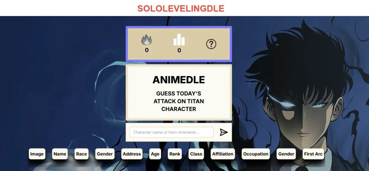 The Sololevelingdle start screen with a character name box and the attribute columns for race, gender, address, age, rank, class, affiliation, occupation and first arc over Solo Leveling art