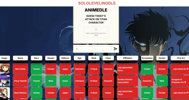 Sololevelingdle guesses for Mari Ishida, Kang Taeshik and Akari Shimizu, with tiles for race, gender, address, age, hunter rank, class, affiliation, occupation and first arc