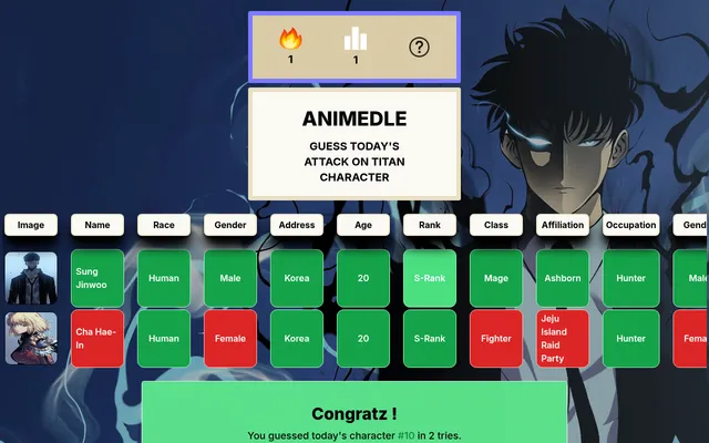 Today's Sololevelingdle solved in two guesses: Cha Hae-In's row with red and green tiles, then Sung Jinwoo all green, and the Congratz card for character #10