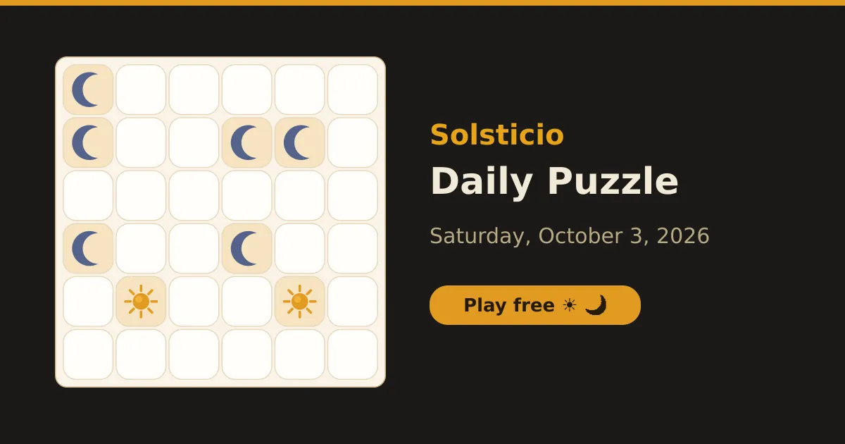 Solsticio daily board for 3 October 2026: a 6x6 grid with a few fixed suns and moons