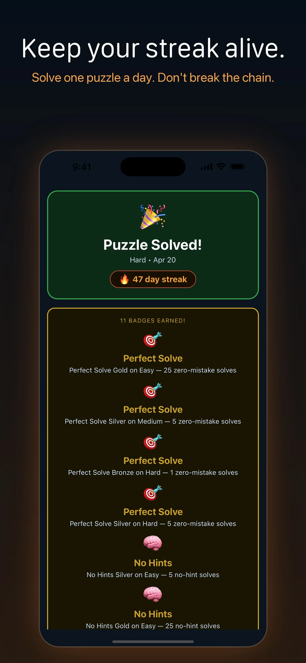 SOLVD Puzzle Solved screen for the Hard puzzle of Apr 20 with a 47 day streak and a list of Perfect Solve and No Hints badges