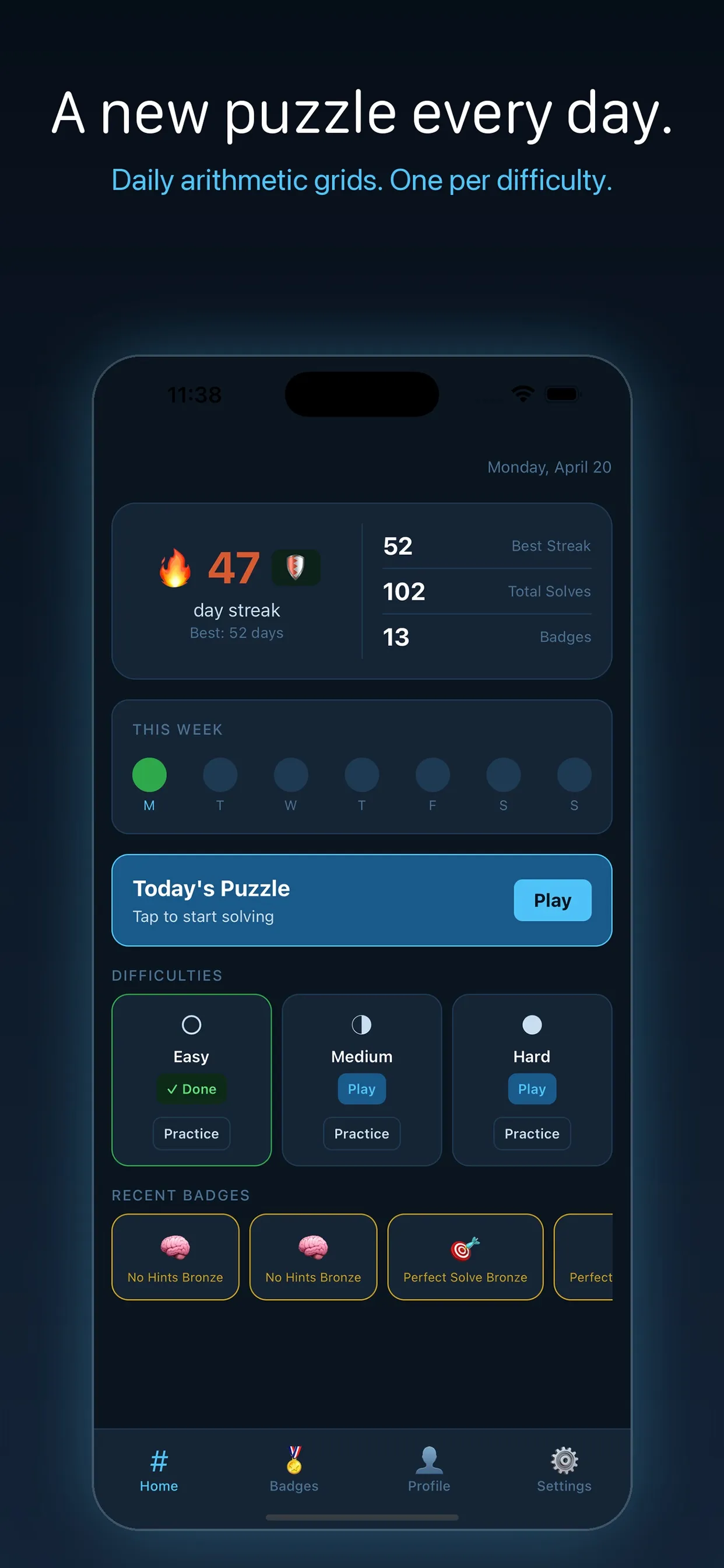 SOLVD home screen for Monday, April 20 with a 47 day streak, Today's Puzzle Play button and Easy marked Done next to Medium and Hard