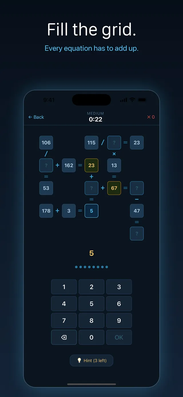SOLVD Medium puzzle at 0:22: a grid of crossing equations with blank cells marked ?, a number keypad with OK, and Hint (3 left)
