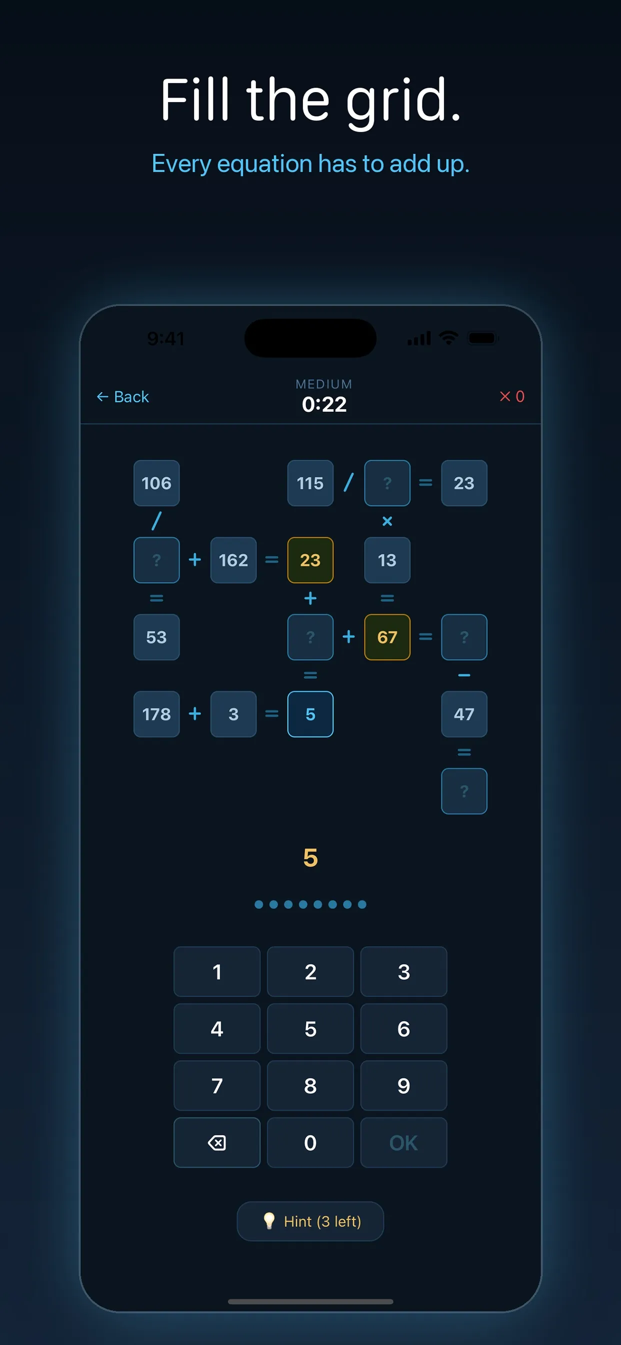 SOLVD Medium puzzle at 0:22: a grid of crossing equations with blank cells marked ?, a number keypad with OK, and Hint (3 left)