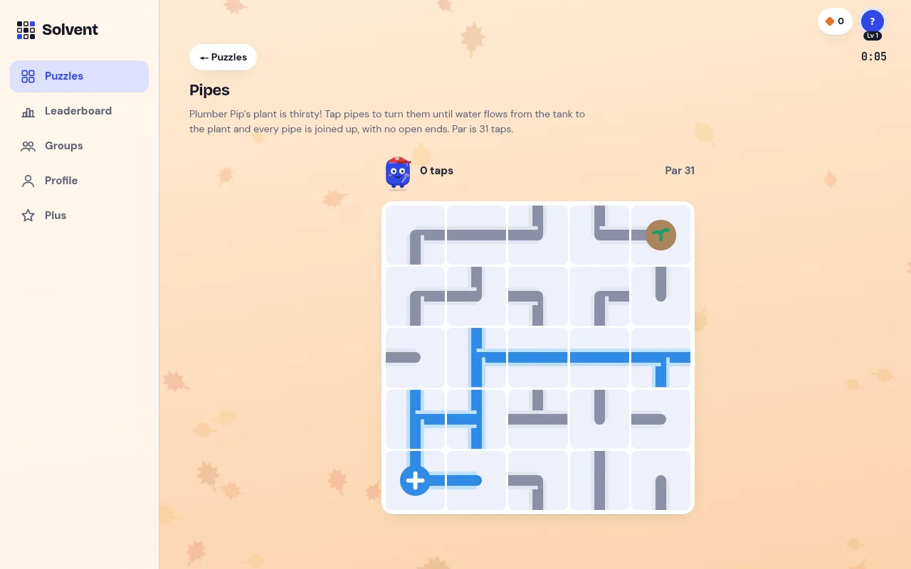 Solvent's daily Pipes puzzle: a five by five grid of pipe tiles to rotate so water runs from the tank to Pip's plant, with a par of 31 taps