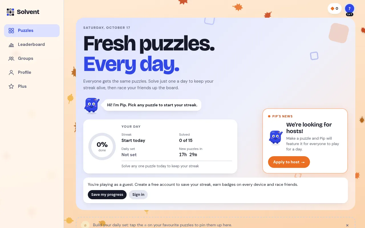 Solvent's home page for 17 October: the day's card with 0 of 15 puzzles solved, a streak counter and a countdown to the next set, with Pip the mascot