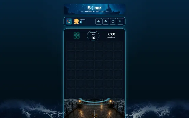 Sonar's daily mission #8 on the Easy stage: an empty 6 by 6 sea grid with 10 misses left and 0 of 4 cells found