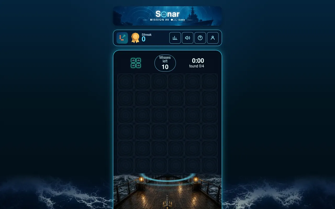 Sonar's daily mission #8 on the Easy stage: an empty 6 by 6 sea grid with 10 misses left and 0 of 4 cells found