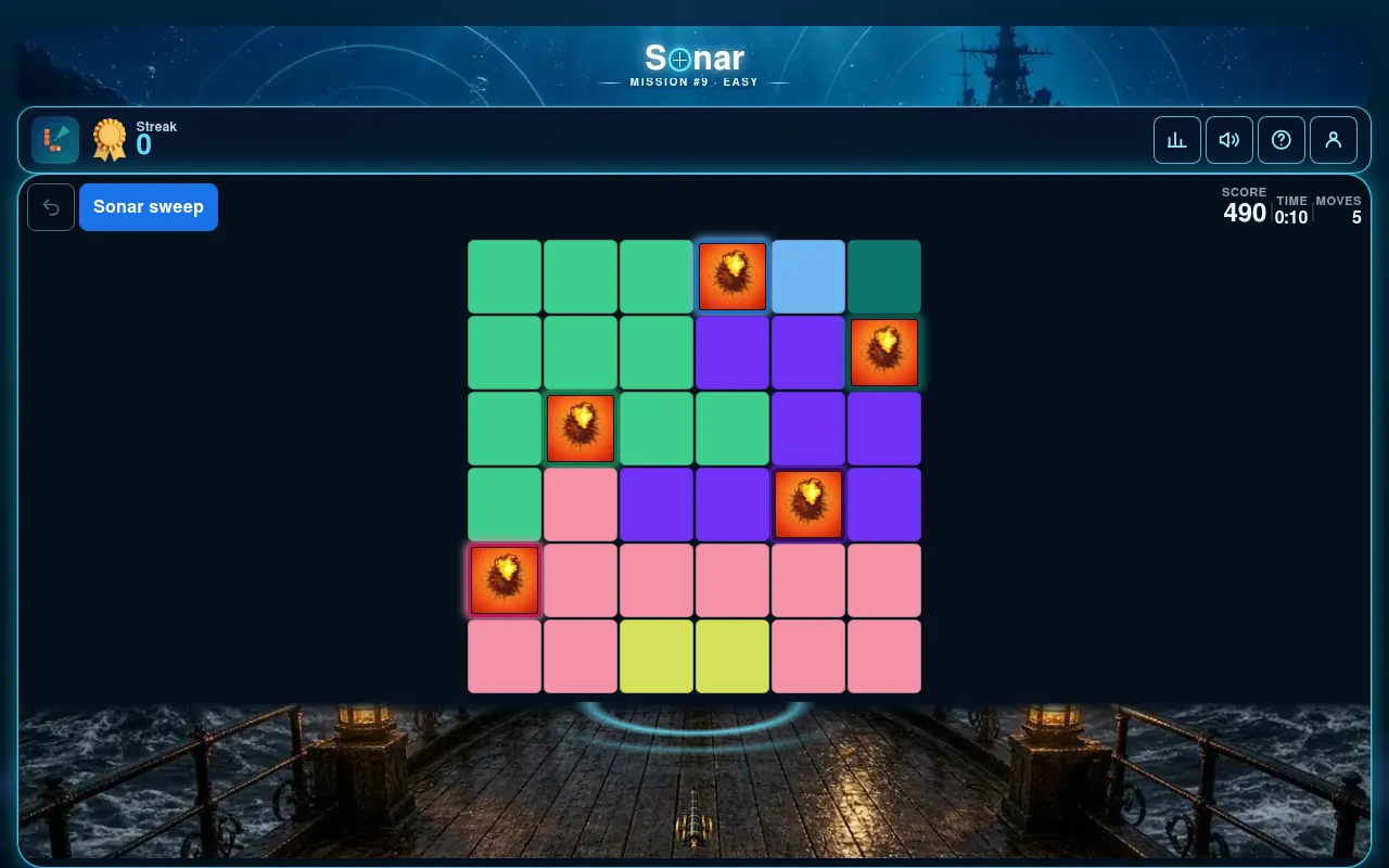 Sonar mission #9 Easy on 27 Oct 2026: a 6x6 grid of coloured sectors with five enemy ships placed as burning tiles, score 490 after five moves