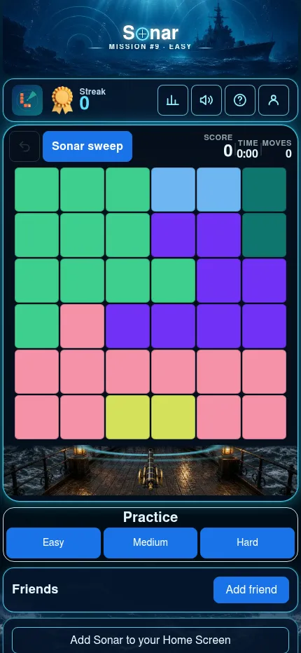 Sonar on a phone: today's Easy 6x6 sector grid with the streak bar above it and the Practice buttons for Easy, Medium and Hard below