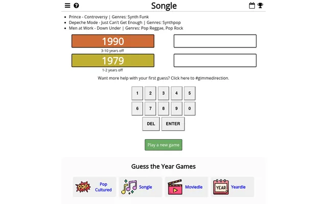 Songle board for 29 October 2026: Prince, Depeche Mode and Men at Work clues, with guesses 1990 (3-10 years off) and 1979 (1-2 years off) above the number keypad