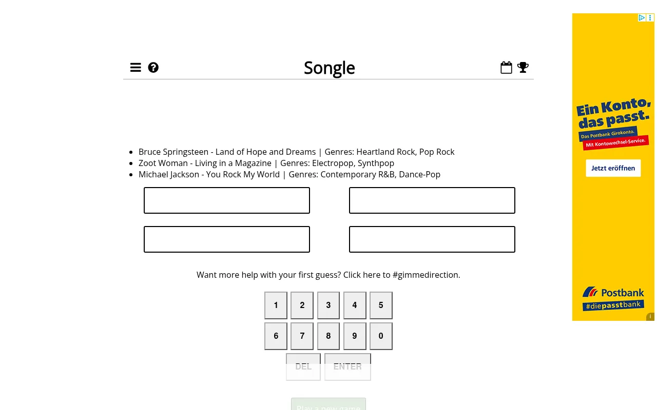 Songle (Histordle) daily board: three song clues with artist, title and genres above four empty year boxes and a number keypad