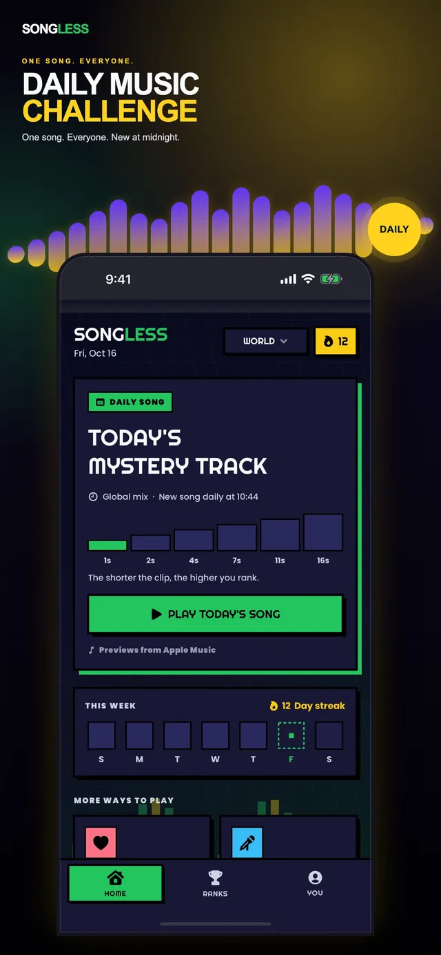Songless app store screenshot: the Daily Song card, Today's Mystery Track, with its clip ladder from 1 to 16 seconds, a Play Today's Song button and a weekly streak row