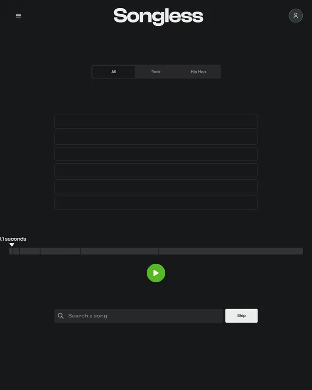 The Songless board: All, Rock and Hip Hop tabs, six empty guess rows, a clip bar starting at 0.1 seconds, a green play button and a Search a song box with Skip
