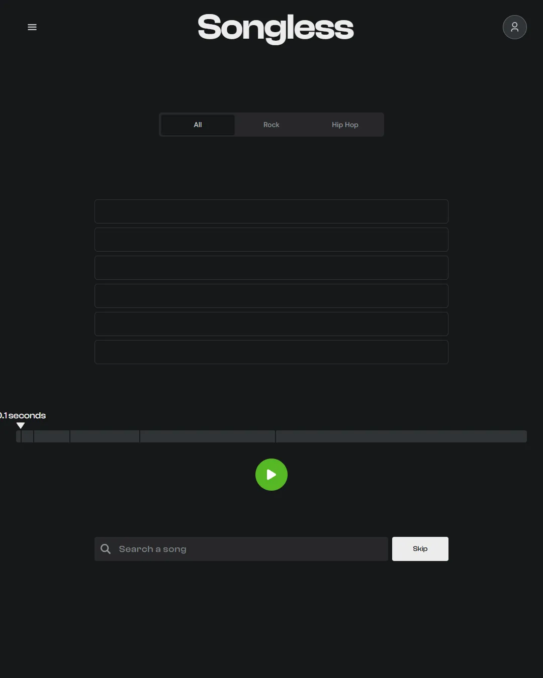 An earlier Songless board with six guess rows, All, Rock and Hip Hop tabs, a clip bar at 0.1 seconds and a Search a song box