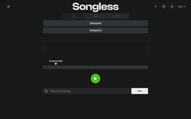 Today's Songless board on desktop: All, Rock and Hip Hop tabs, two rows marked Skipped, the clip bar at 2 seconds, a green play button and the Search a song box