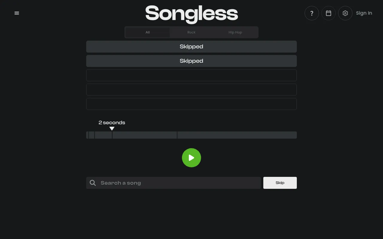 Today's Songless board on desktop: All, Rock and Hip Hop tabs, two rows marked Skipped, the clip bar at 2 seconds, a green play button and the Search a song box