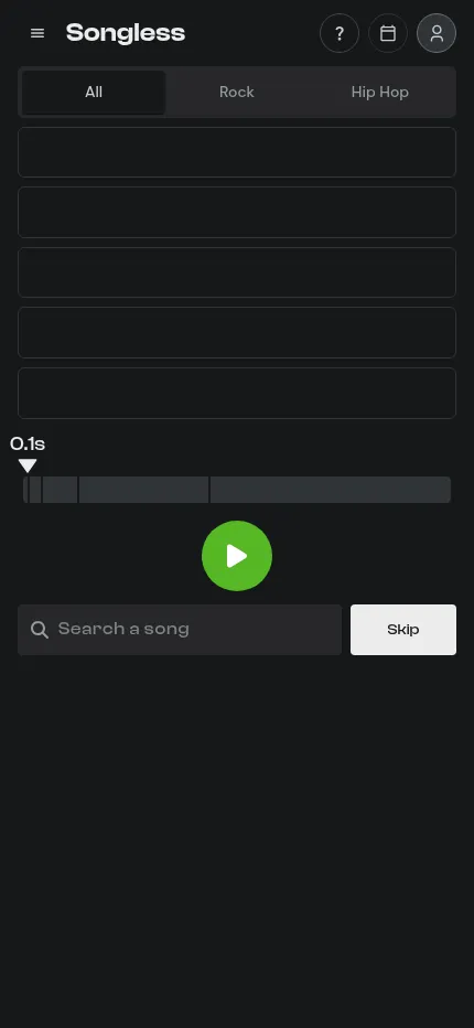 Songless at phone size: category tabs, five empty guess rows, the clip bar at 0.1 seconds, a play button and Skip