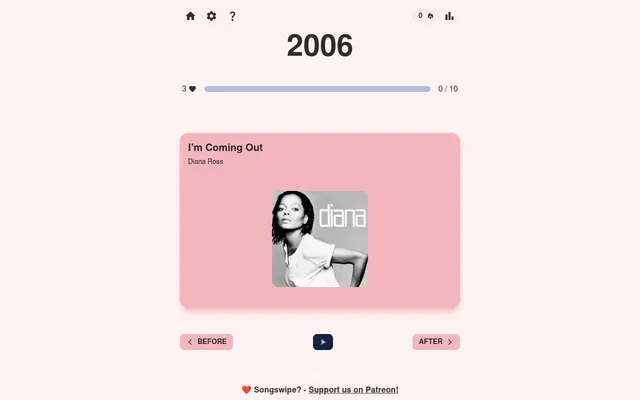 A Songswipe round: the year 2006 above a card for I'm Coming Out by Diana Ross with its album cover, three hearts, 0 of 10, and Before and After buttons