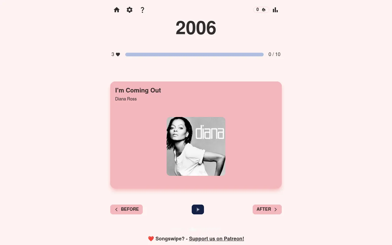 A Songswipe round: the year 2006 above a card for I'm Coming Out by Diana Ross with its album cover, three hearts, 0 of 10, and Before and After buttons
