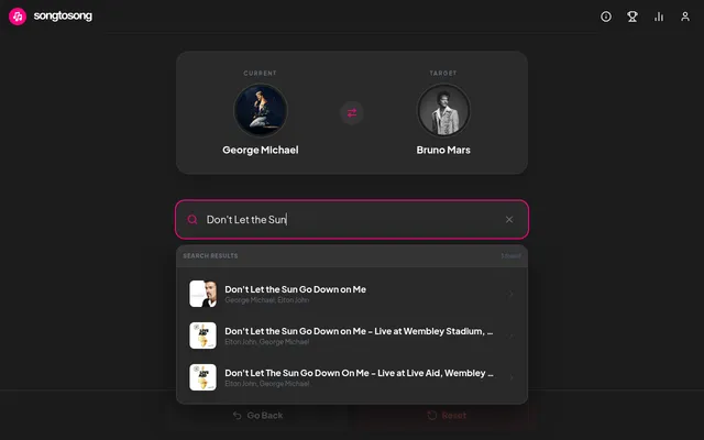 SongToSong's daily challenge for 22 October 2026: George Michael to Bruno Mars, with the song search listing Don't Let the Sun Go Down on Me by George Michael and Elton John