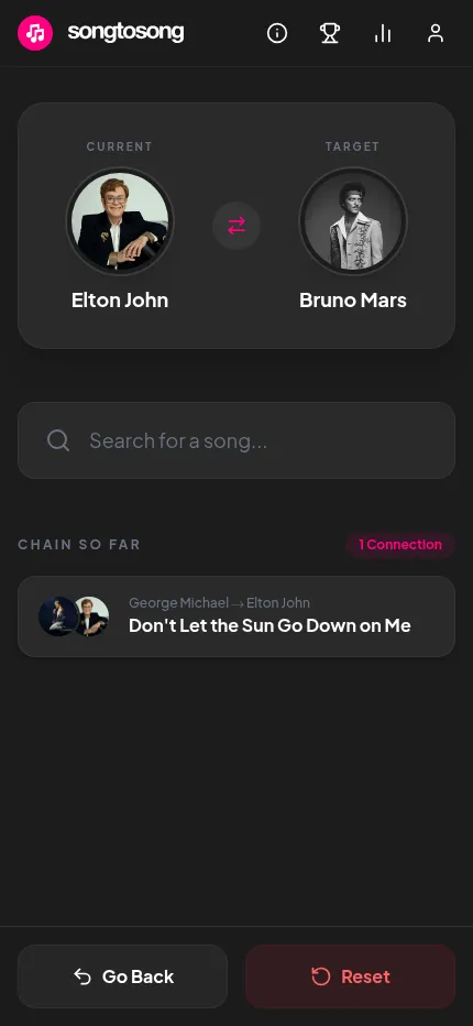 SongToSong at phone size after one move: Elton John is now the current artist, Bruno Mars the target, and the chain shows Don't Let the Sun Go Down on Me