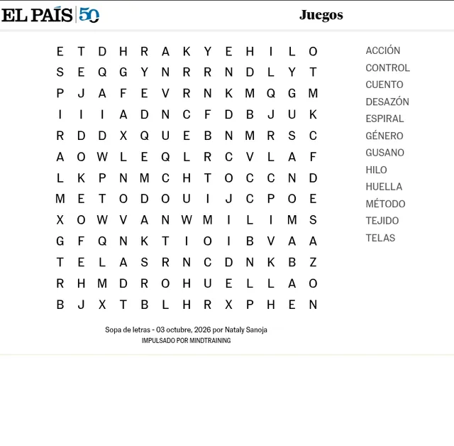 El País Sopa de letras for 3 October 2026 by Nataly Sanoja: a 13x13 grid of letters with the twelve Spanish words to find listed on the right