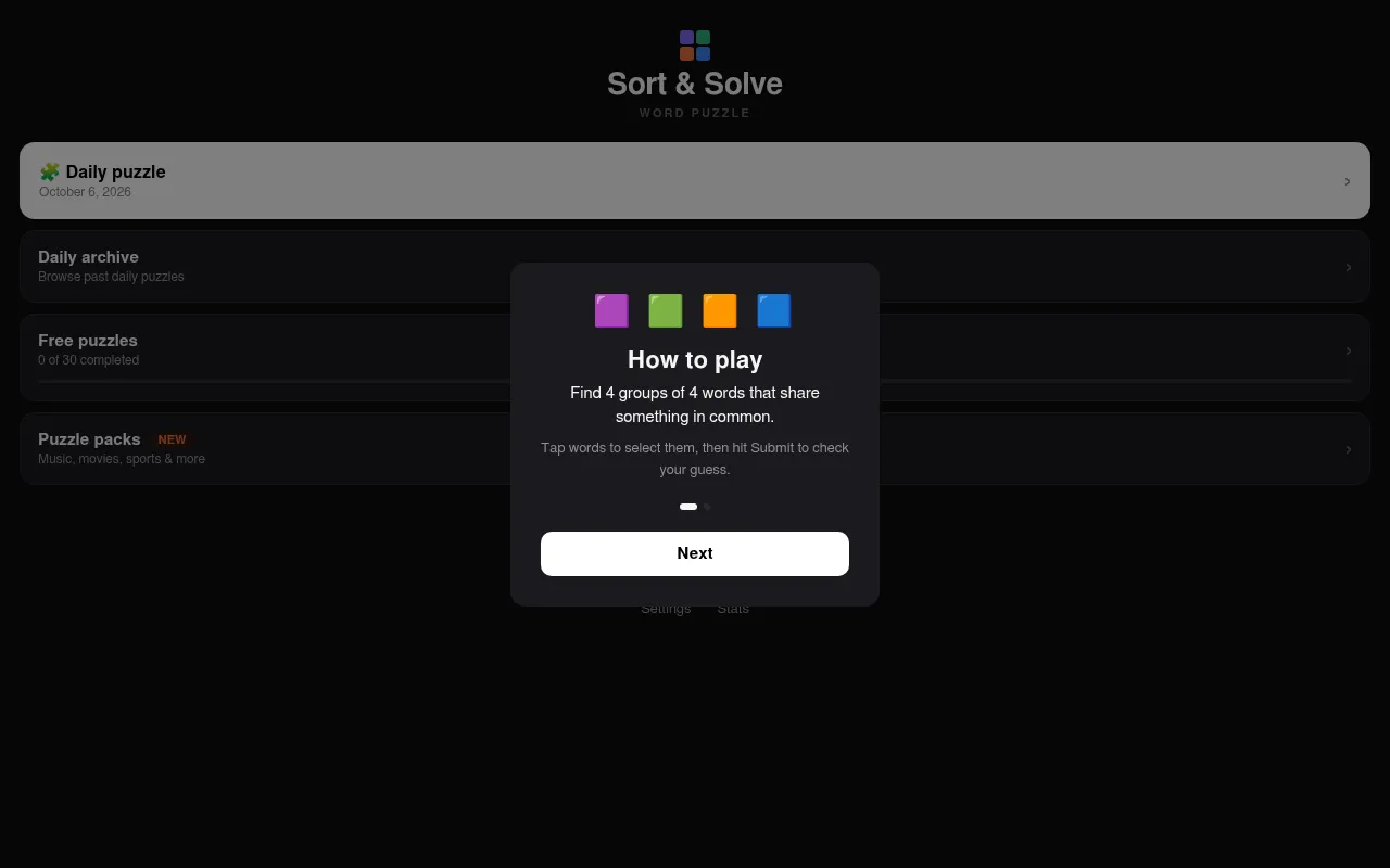 Sort & Solve home screen in the browser with the Daily puzzle for October 6, 2026, the daily archive, free puzzles and puzzle packs, behind a how to play card