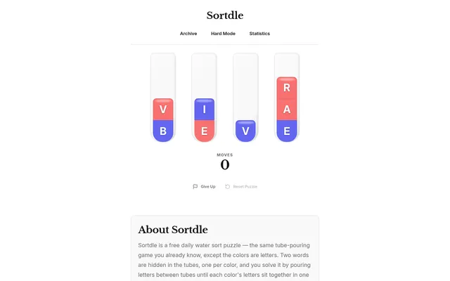 The day's Sortdle board: four tubes holding red and blue letter layers (V, B, I, E, V, R, A, E) to pour until each colour spells a four-letter word, with the move counter at 0