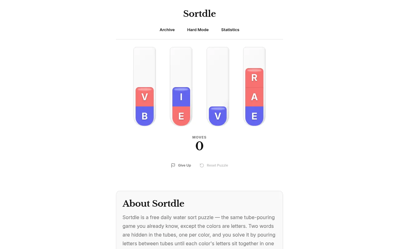 An earlier Sortdle board: four tubes holding red and blue letter layers (V, B, I, E, V, R, A, E) to pour until each colour spells a four-letter word, with the move counter at 0