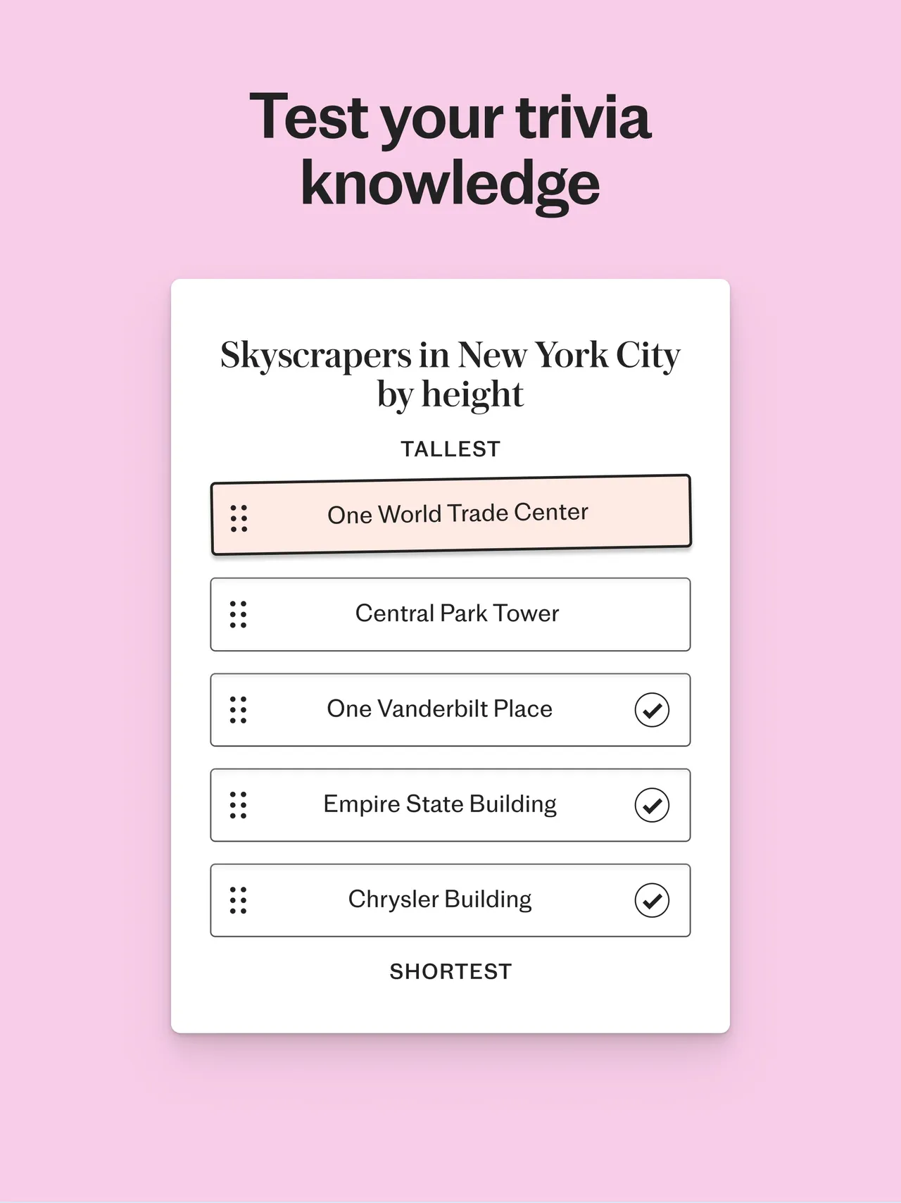 Sorted in the Telegraph Puzzles app: New York skyscrapers by height