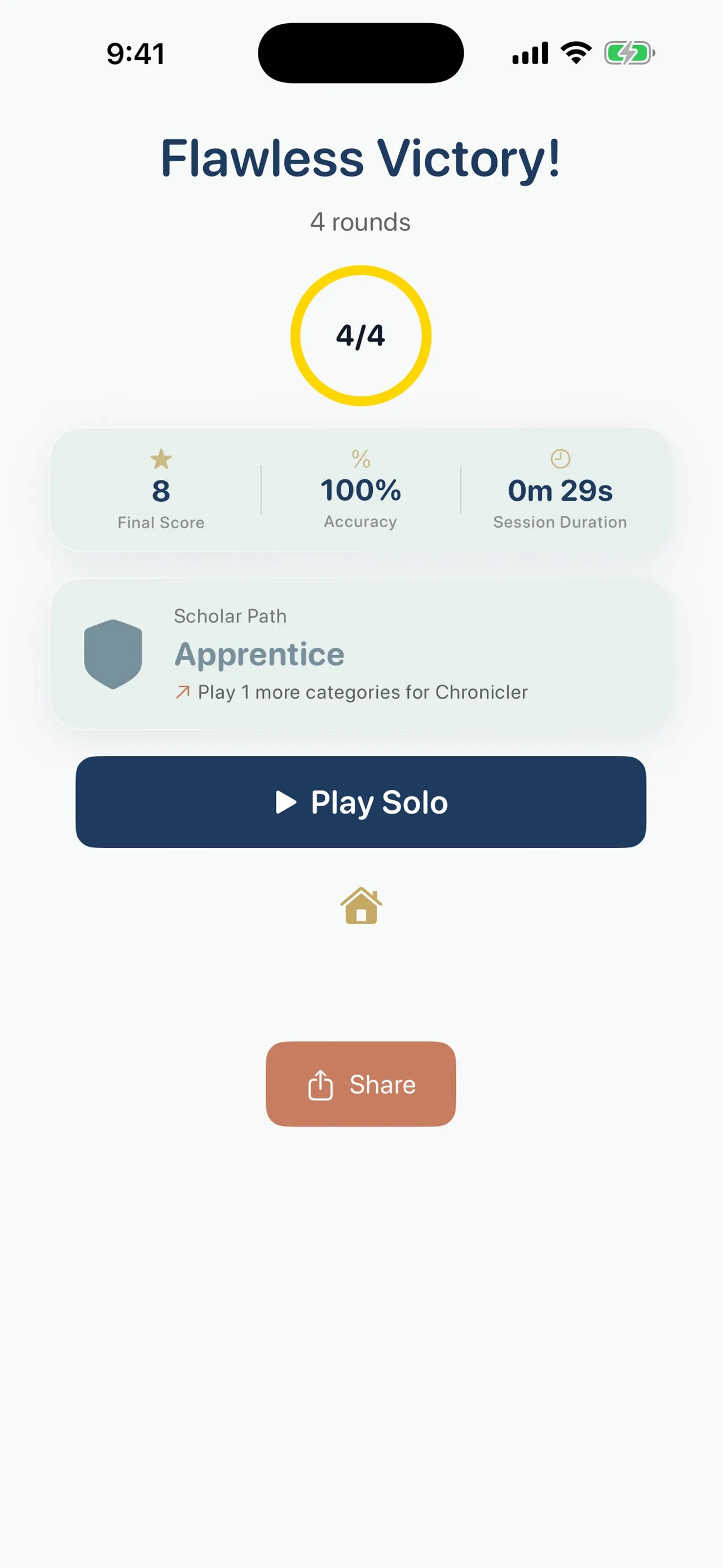 Sorting History results screen: 4 out of 4, final score 8, 100% accuracy in 29 seconds, with a Share button