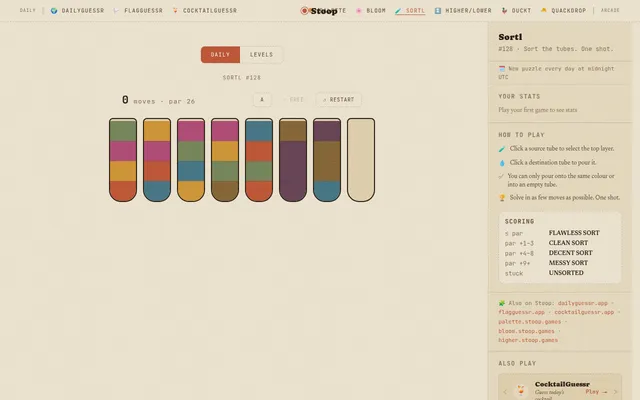 Sortl #128: eight test tubes of coloured layers and one empty tube, with the move counter and par 26