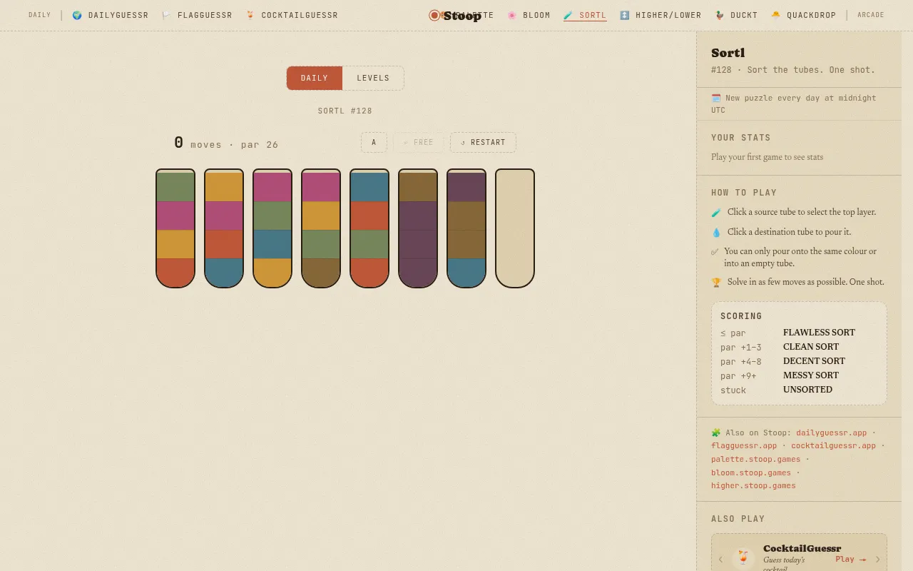 Sortl #128: eight test tubes of coloured layers and one empty tube, with the move counter and par 26