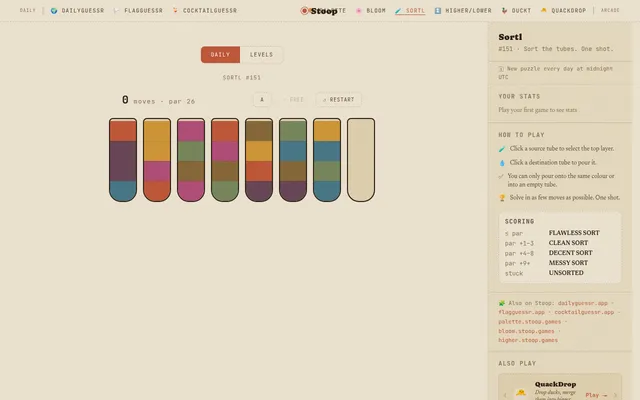 Sortl #151 on 29 October 2026: seven test tubes of coloured layers and one empty tube, 0 moves against par 26