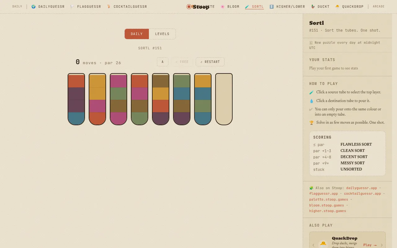Sortl #151 on 29 October 2026: seven test tubes of coloured layers and one empty tube, 0 moves against par 26
