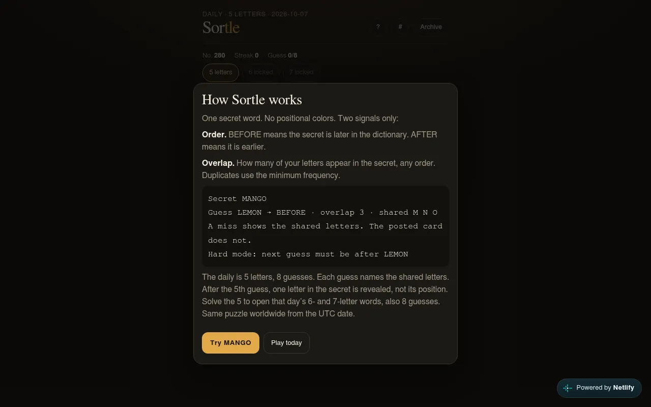 Sortle's How Sortle works card: order and overlap clues, with the example secret MANGO and guess LEMON giving BEFORE, overlap 3, shared M N O