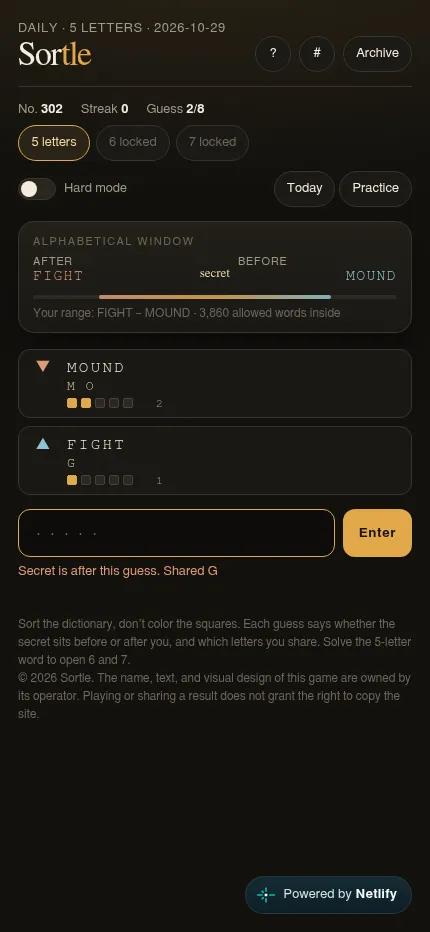 Sortle No. 302 on a phone: two guesses, MOUND and FIGHT, under the alphabetical window, with the guess box and Enter button below