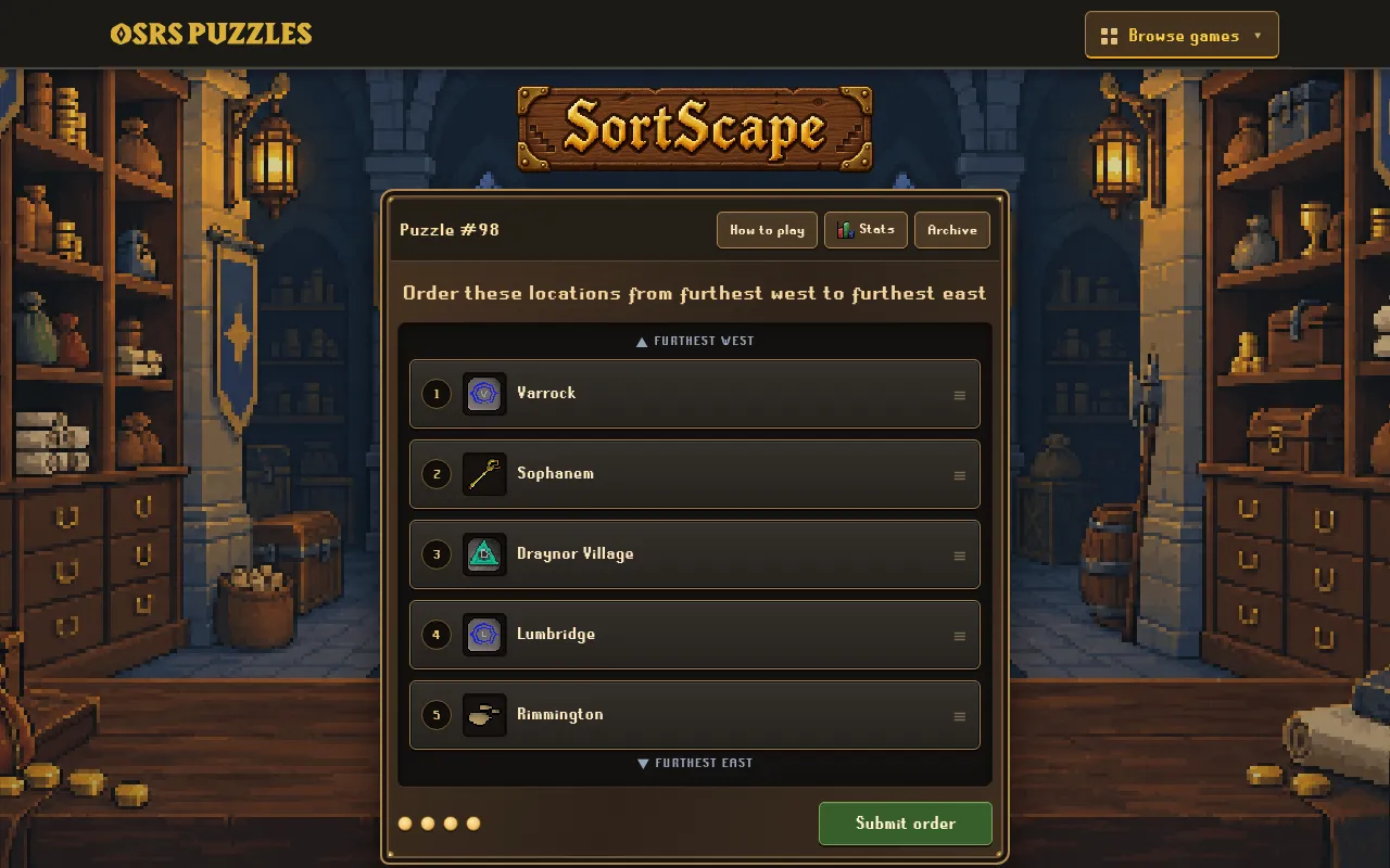 SortScape puzzle #98: order five towns, Varrock, Sophanem, Draynor Village, Lumbridge and Rimmington, from furthest west to furthest east, with four attempt dots and Submit order