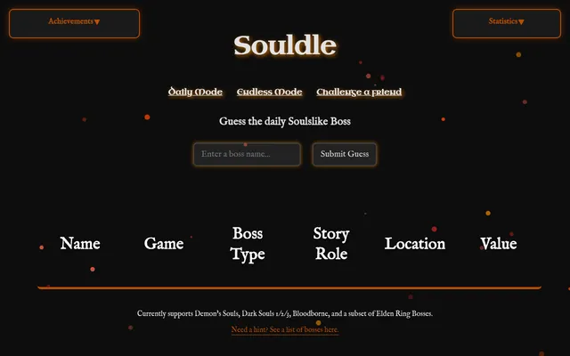 The Souldle board: Daily Mode, Endless Mode and Challenge a friend links, a box to enter a boss name, and the Name, Game, Boss Type, Story Role, Location and Value columns
