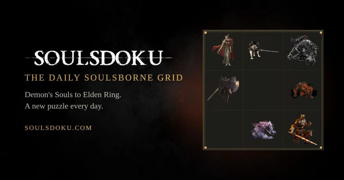 SoulsDoku title card beside a 3x3 grid partly filled with FromSoftware bosses