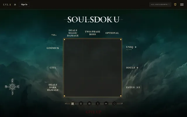 Today's SoulsDoku board: an empty 3x3 grid with column clues Deals Magic Damage, Two-Phase Boss, Optional and row clues Gimmick, City, Deals Dark Damage, three Estus