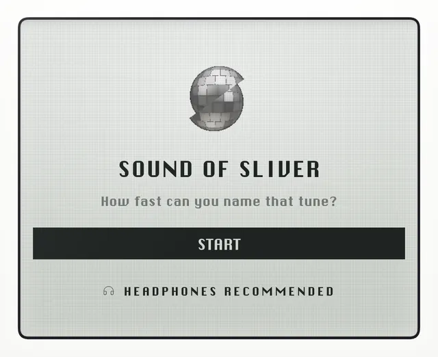 Sound of Sliver start screen with its disco ball logo and the line How fast can you name that tune